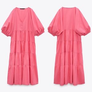 Zara Pink puffy sleeves Maxi Dress